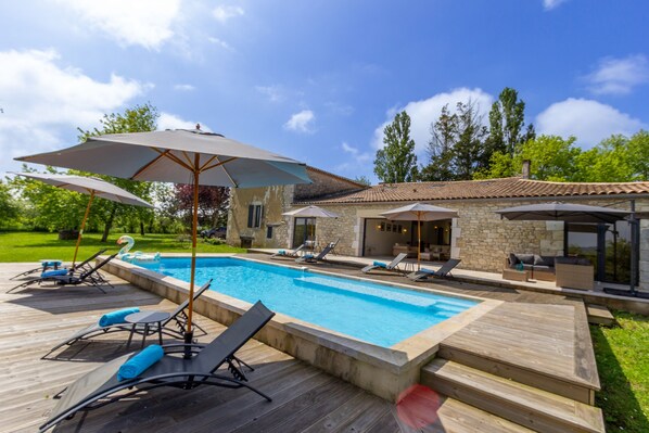 The heated saltwater pool measures 10m x 4.5m and has a depth of 1m – 1.5m.