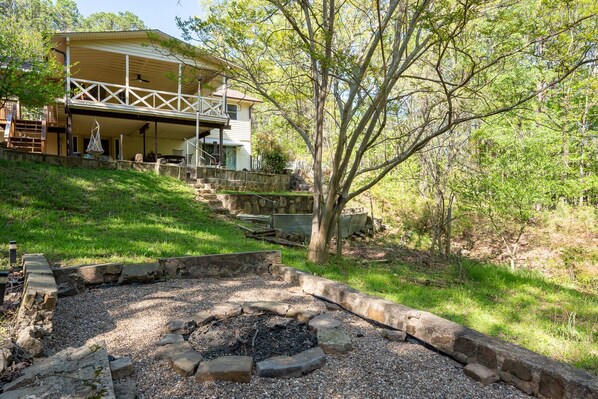 fire pit and huge, furnished balcony