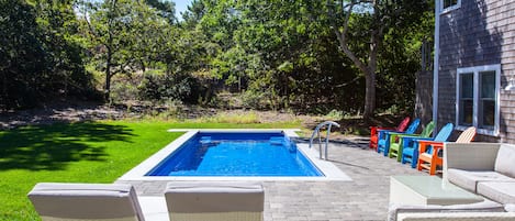 Large fenced backyard with saltwater pool, outdoor furniture 