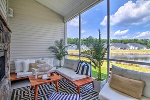 Screened-In Patio | Indoor-Outdoor Fireplace | Water Views