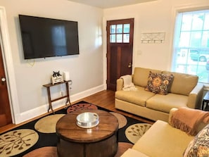 Living room with television paired with Roku streaming device