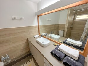 Bathroom / Salle d'eau avec douche, WC, lavabo et machine à laver