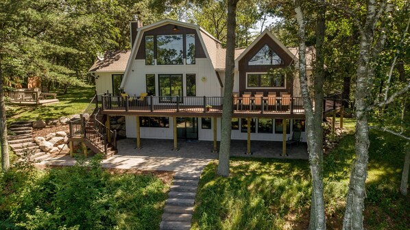 View from the beach side of property. Wraparound deck and lower patio.
