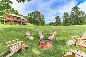 Exterior | Wraparound Porch w/ Views | Spacious Yard | Fire Pit