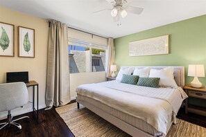 King bedroom with blackout curtains; not shown full-length mirror