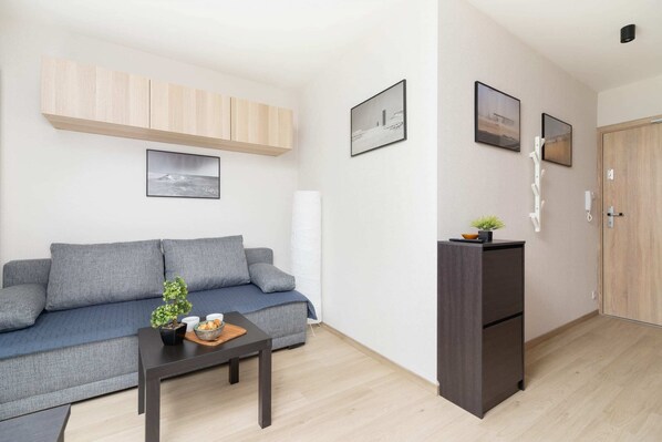 The living area features a sleek coffee table and a flat-screen television.