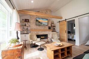 Cozy up in front of the fireplace on cooler nights