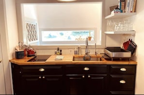 Kitchenette with 2-burner electric cooktop, sink, utensils, glasses