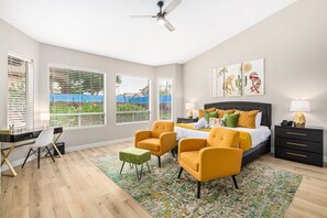 Spacious Primary Suite created with top comfort in mind. King luxury mattress, pillows & bed linens, 55” SmartTV, dedicated desk/work space w/high-speed internet, + large en-suite bathroom