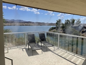 Lakeside view from deck with misters.