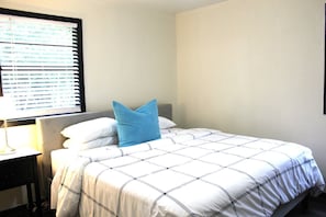 Bedroom 1 features a Comfy KING Bed and a ceiling fan.