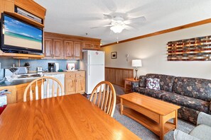Remodeled kitchen is fully-equipped with pots, pans & utensils