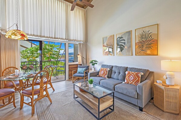 Enjoy the relaxing ocean views from the dining area and living room.