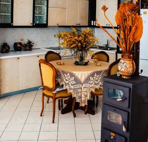 Fully equipped electric kitchen with dining table and a wood stove