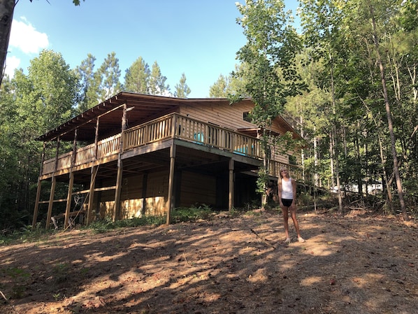 The Twin Cedars cabin sits on a hillside with views of the surrounding forest.