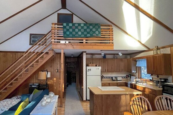 View from the front of the cabin - we so love the charming staircase & high ceilings!