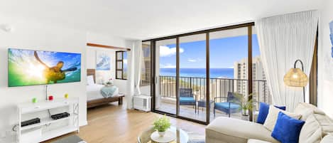 Fully renovated spacious condo with a stunning ocean view from the living room.