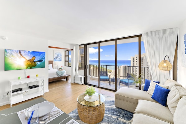 Fully renovated spacious condo with a stunning ocean view from the living room.