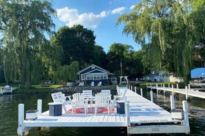 A view from the water of the Lakefront Cottage with a private pier! 