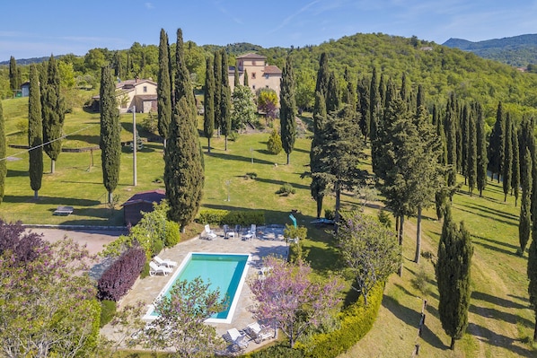 The wide property with the greenery around the Villa and the nice pool