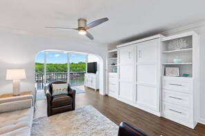 Chic appointments, murphy bed, and fantastic view make this living space beautiful and functional