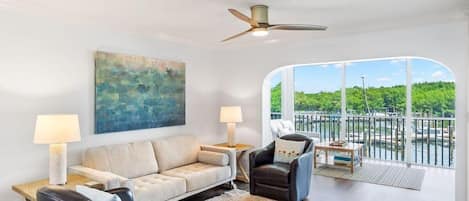Gorgeous sun-filled living space with enclosed lanai (one of only three in Bayside Villas with this feature, providing guests an extra 200 square feet of living space)