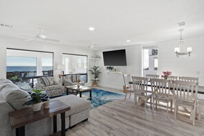 Cozy lounge bathed in natural light.