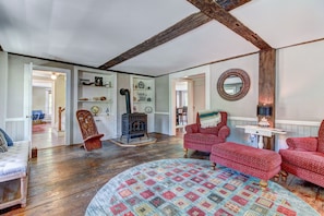 Living room with a pellet stove.