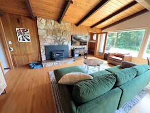 In colder months, use the wood burning stove for extra heat and ambiance. 