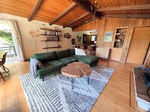 Lounge on the down-filled West Elm couch