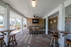Enjoy the ocean breeze from our fully covered patio with tiki bar and Roku tv!