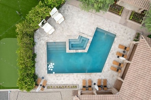 Luxurious resort style private saltwater pool and jacuzzi and loungers