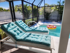 Removable cushions for the pool lounge chairs.