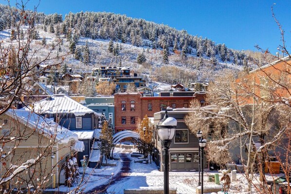 Winter on Main Street.  Walk here in 10 minutes, or take the free shuttle from the condo.