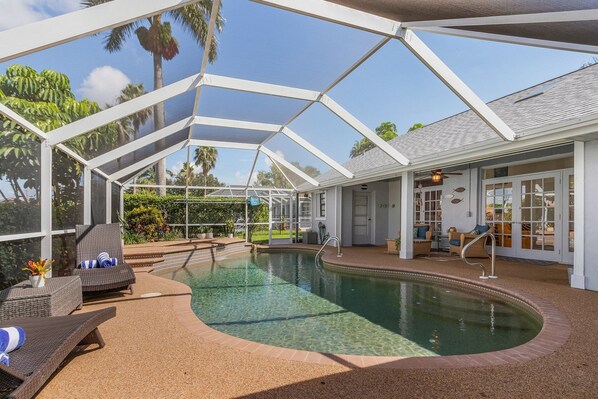 Saltwater pool and spa with a spacious lanai