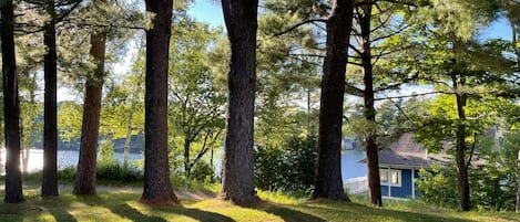 View from backyard overlooking the boathouse and lake.