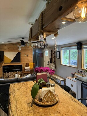 Custom bar table and chandelier