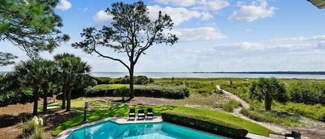 Beautiful Pool and Ocean Views from Covered Deck at 7 Brown Pelican