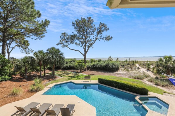 Beautiful Pool and Ocean Views from Covered Deck at 7 Brown Pelican