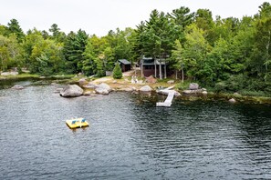 This camp is tucked into a quiet cove making it easy to enjoy the Float and dock