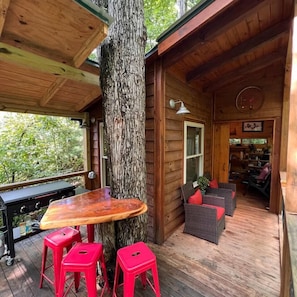 Back porch with seating and a Blackstone Griddle