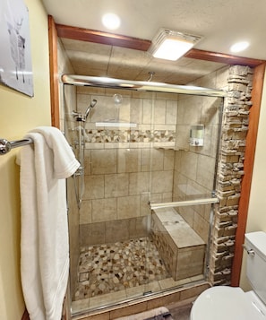 Master Bathroom with stone & tiled luxury shower! Contains seating & wand too!