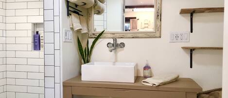 Walk in European shower/toilet room with exposed granite boulder