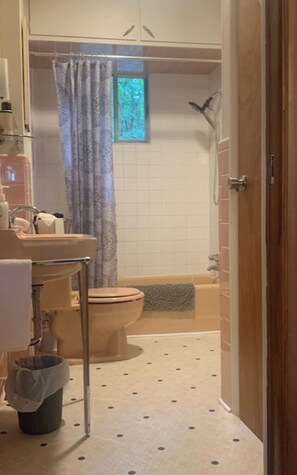 Centered on the main floor is a full bathroom with original fixtures.