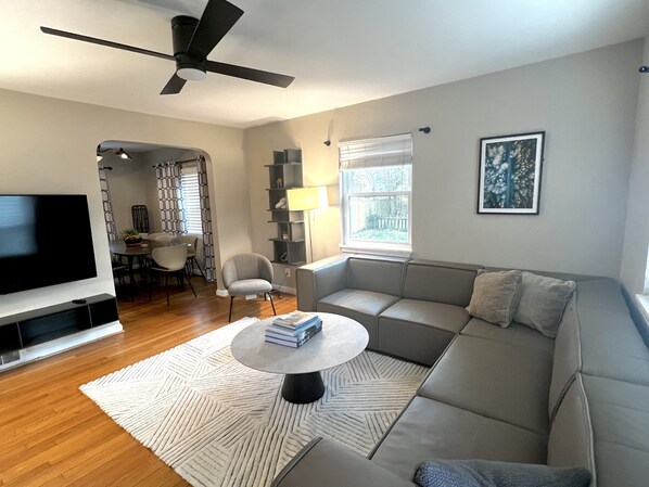 The family room has Scandinavian furniture from Denmark. Perfect setting for relaxing and entertaining.