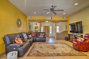 Living Room | 82” 4K Smart TV w/ Surround Sound | Gas Fireplace