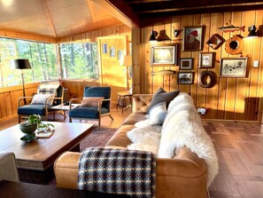 cozy living room at sunset