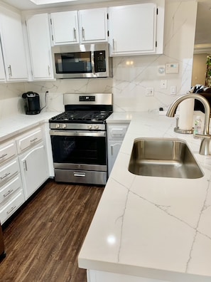 Brand new kitchen with gorgeous white quartz countertops 