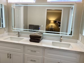 Gorgeous remodeled master bath with light up mirror and quartz countertops. 