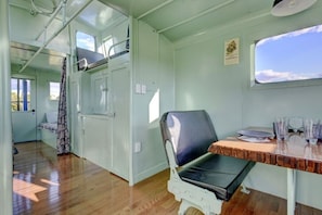 The inside of the uniquely renovated caboose!